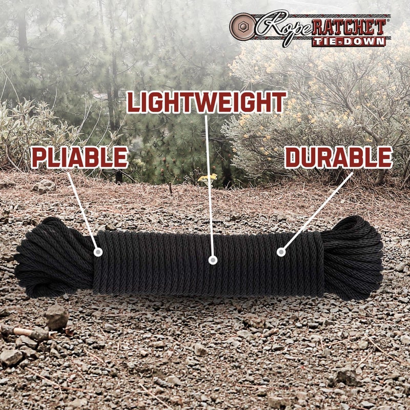 Rope Ratchet حبل ربط 1/8" بطول 50 قدم من خيوط البوليستر المجدولة، مقاوم للعوامل الجوية للاستخدام الداخلي والخارجي للحدائق، مشاريع DIY، تأمين الأحمال، الربط، ربط العقد، استخدام الأقمشة، سعة 75 رطل - أسود - Image 3